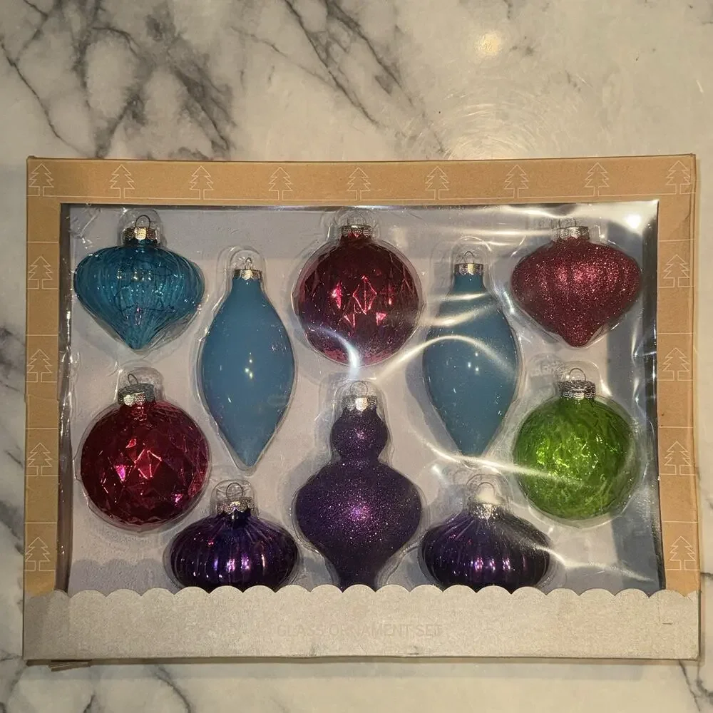 NEW 2014 Target Wondershop 10 Glass Ornaments Royal Purple Pink Glitter Teardrop